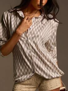 Athîral 女士格子翻领单排扣休闲百搭通勤长袖衬衫 - 彩色 - 查看 2