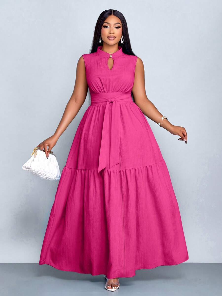 SOLERSUN 加大码蓝色立领前开襟无袖束腰系带连衣裙女式优雅休闲时尚通勤外出连衣裙夏季新款女装 - 玫紅色 - 查看 1