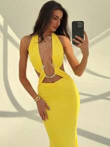 Aloruh Đầm trơn màu thanh lịch với chi tiết vòng tròn, thích hợp mặc thường ngày và dự tiệc. - Màu vàng - Xem 5