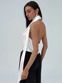 Aloruh 女士杏色优雅女神伴娘婚礼派对约会浪漫度假飘逸露背吊带性感上衣，夏季 - 白色 - 查看 2