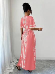 Elenzga Đầm nữ in họa tiết cổ chữ V thanh lịch mới - Hồng - Xem 2