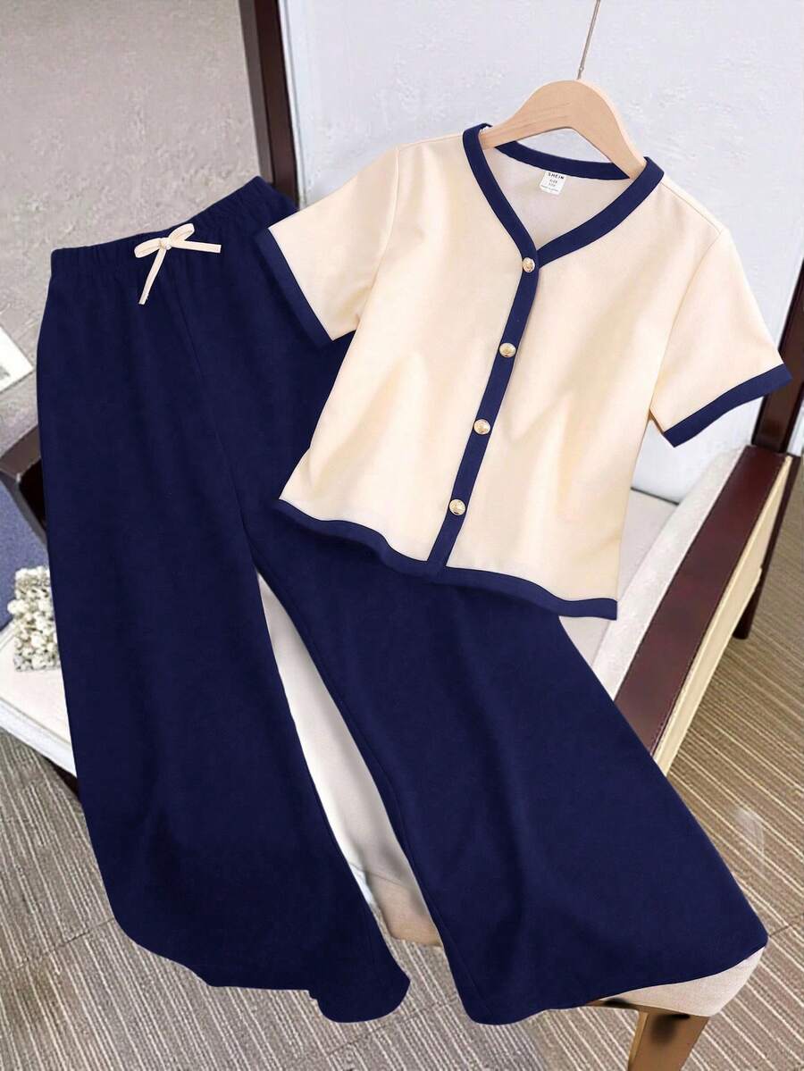 SHEIN 两件套少女撞色V领短袖衬衫和休闲裤套装 - 藏蓝色 - 查看 1