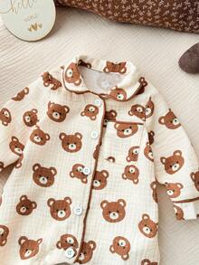 新生女宝宝休闲可爱卡通图案撞色长袖连体衣 - 卡其色 - 查看 5