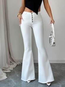 Elenzga Women's Mid-Rise Pocketed Button Casual Versatile Daily Wear Flare Jeans - White - View 1