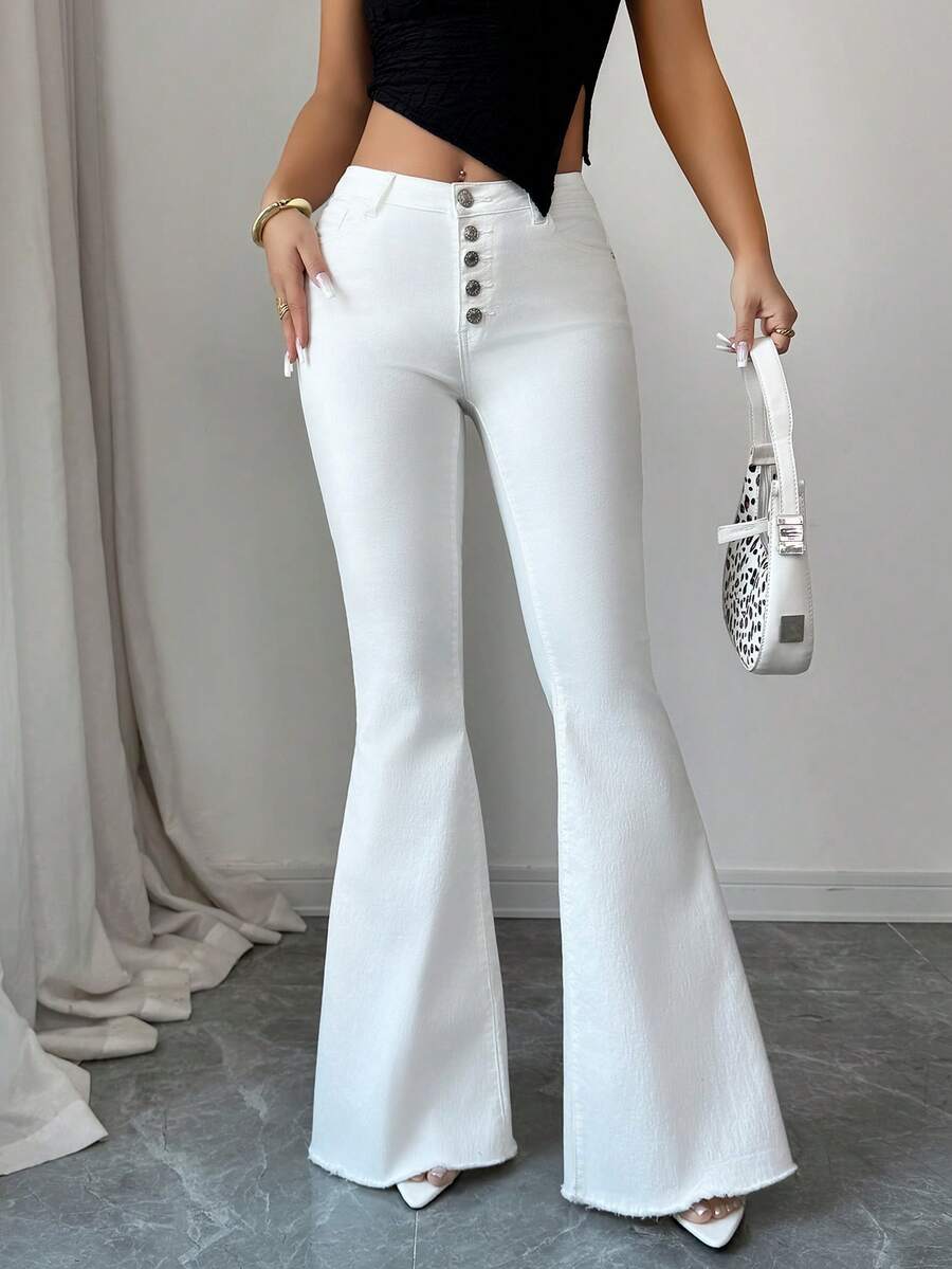 Elenzga Women's Mid-Rise Pocketed Button Casual Versatile Daily Wear Flare Jeans - White - View 1