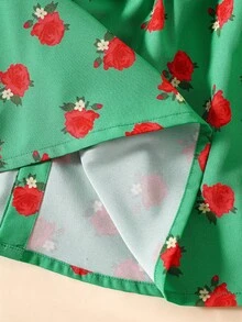 SHEIN 新生女宝宝印花拼接白色蕾丝泡泡袖短袖连衣裙，夏季新款 - 綠色 - 查看 4