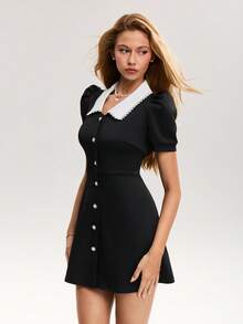 Sweetina 女士撞色领泡泡袖单排扣优雅迷你连衣裙 - 黑色 - 查看 4