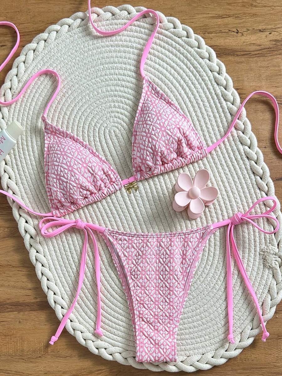 Swim Mod Women's Textured Halter Neck Bikini Set With Side Tie, Suitable For Beach & Seaside, Spring/Summer - Pink - View 1