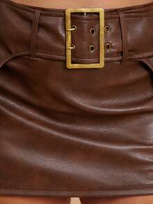 SHEIN BAE Gonna a vita alta vintage da donna taglia comoda per festival musicali, estiva e autunnale, in stile casual con cintura, gonna a metà, in PU, in pelle, adatta per festival musicali, per feste del Giorno dei Morti, per l'estate, per stile western da cowgirl, per concerti country, per Pasqua, gonna corta, estiva, gonna da donna per l'estate - Castano - Visualizzare 5