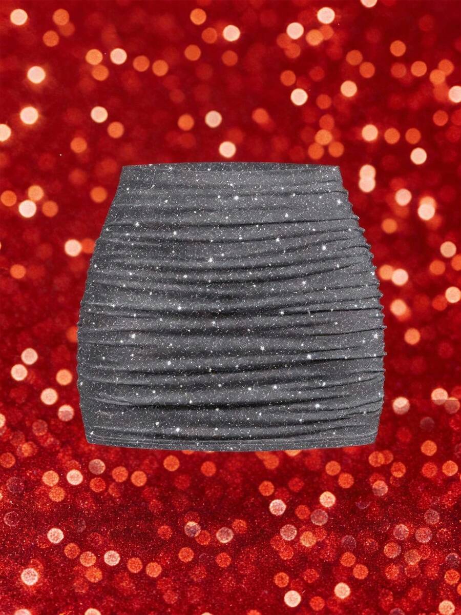 SHEIN MOD Women's Casual Minimalist Ruched Bodycon Mini Skirt, Silver Glitter Pattern - Multicolor - View 1