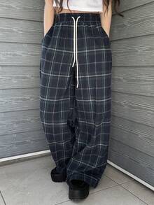 FRIFUL Women's Plaid Brushed Wide Leg Casual Pants - Blue - View 2