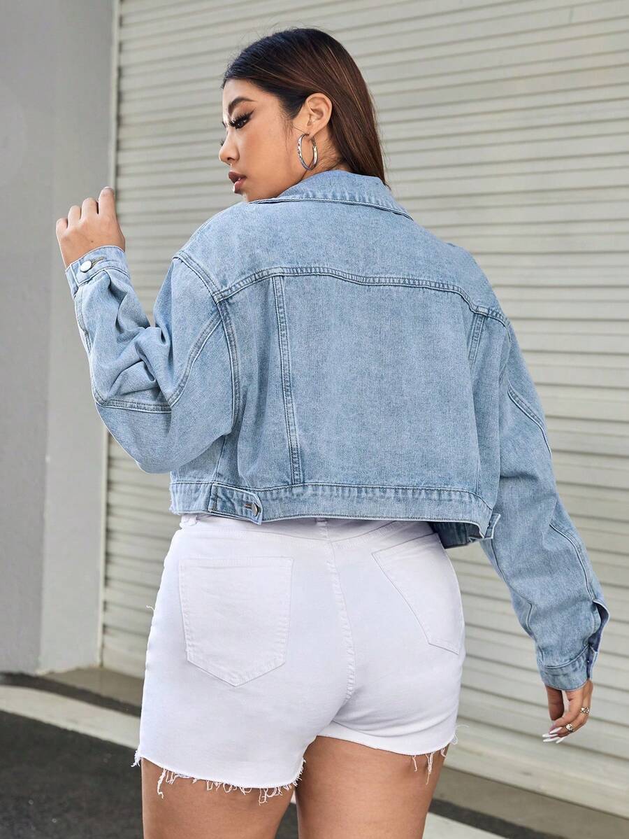 SHEIN EZwear 加碼洗水長袖牛仔外套 - 淺色水洗藍 - 查看 1