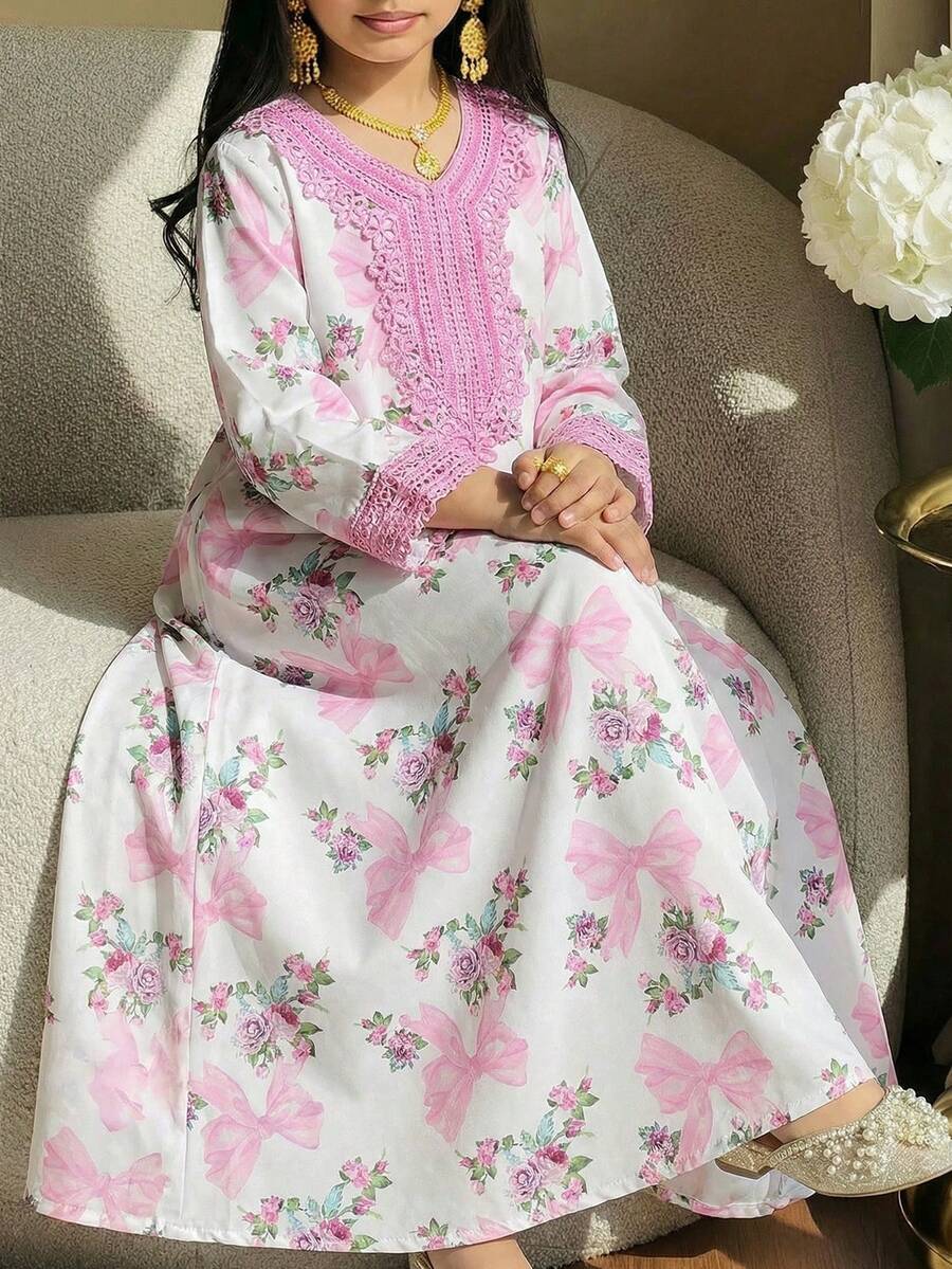 SHEIN 少女碎花休闲雪纺连衣裙 - 粉色 - 查看 1