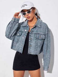 Rivivi Women's Drop Shoulder Long Sleeve Single-Breasted Casual Frayed Denim Jacket - Blue - View 5