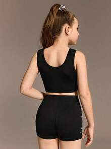 2pcs/Set Tween Girls Crew Neck Cropped Tank Top With Rhinestone Decor On Front, Criss-Cross Waist Elastic Waist Shorts With Rhinestone Decor On Side, Stretchy & Soft For Running, Cycling, Workout, Casual Wear - Black - View 2