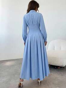 Firerie 女士休闲优雅系带纽扣连衣裙，适合通勤/蓝色A字裙/流行色/春季服装/教师装/精致衬衫裙/女士休闲连衣裙/显瘦连衣裙/女士正式连衣裙 - 藍色 - 查看 5