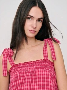 Nöista Áo kiểu kẻ caro với dây buộc điều chỉnh được, cổ áo xếp ly và thiết kế nhiều lớp với tua rua ở gấu áo. Thích hợp cho mùa xuân, hè và lễ Phục sinh. - Đỏ - Xem 6