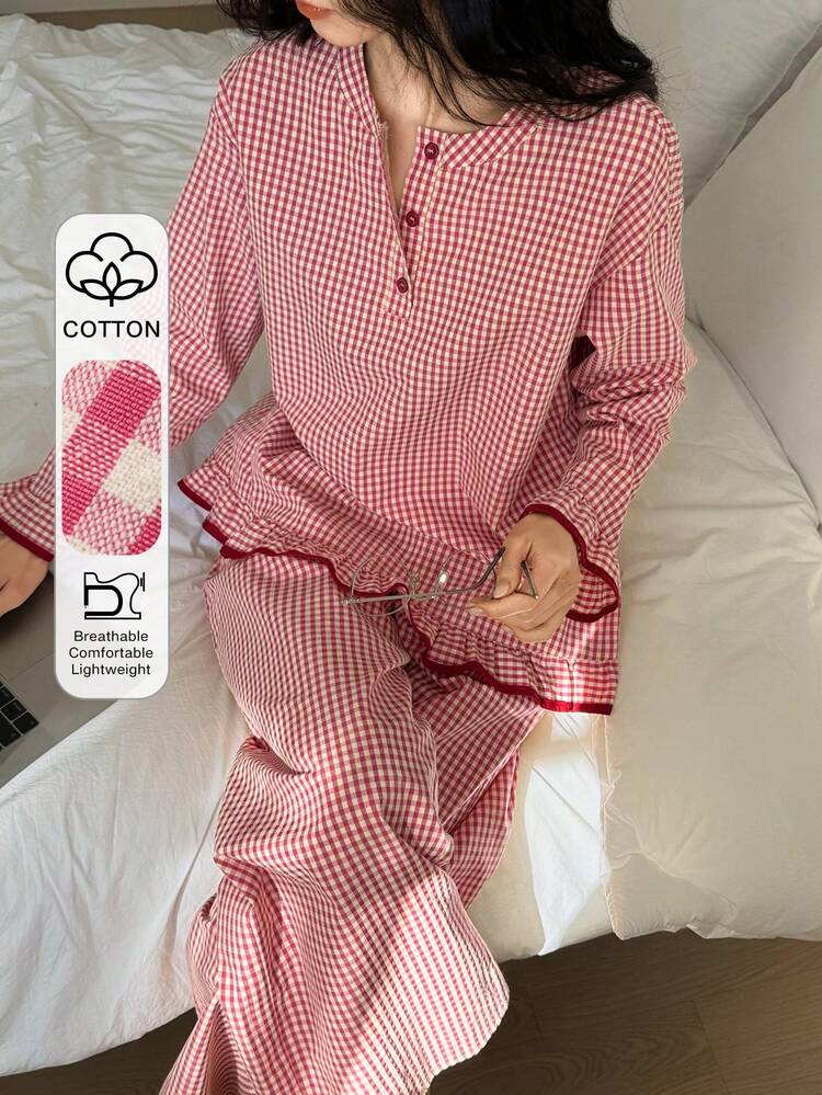 2pcs Women Plaid Ruffle Trim Long Sleeve Top And Straight Leg Pants Pajama Set