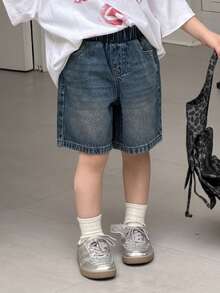 DAZY 男童松紧腰斜插口袋休闲牛仔短裤 - 藍色 - 查看 1