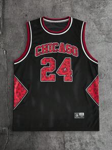 AXEPEAK 男士休闲豹纹字母数字图案背心，夏季 - 黑色 - 查看 6