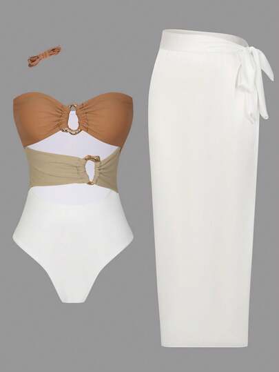  Swim Oasis 2pcs Set Women's Solid Color Metal Accent Hollow Out Halter Onepiece Swimsuit&Wrap-Around Knotted Sarong Skirt Set, Summer Beach Vacation