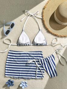 Swim Vcay 3件套条纹印花三角挂脖泳衣套装，女士度假装 - 藍白色 - 查看 5