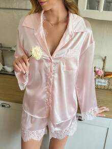 Women's Fashion Satin Lapel Cardigan With Pockets & Lace Trim Shorts Pajama Set - Baby Pink - View 4