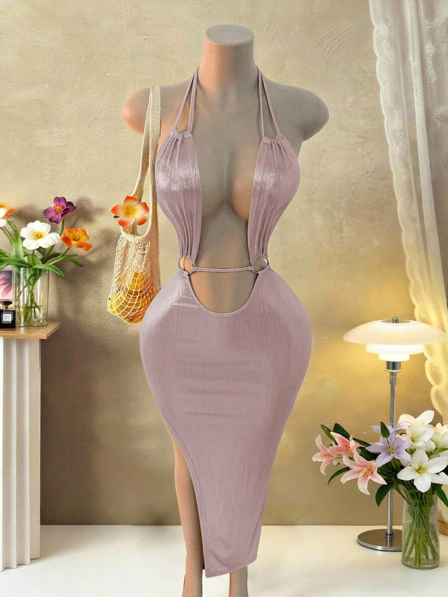 Mistrie 度假海滩性感纯色露背吊带裙 - 淺粉色 - 查看 1