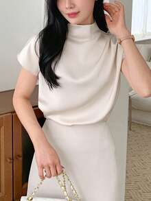 DAZY Women's Loose Fit High Neck Satin Blouse - Apricot - View 5