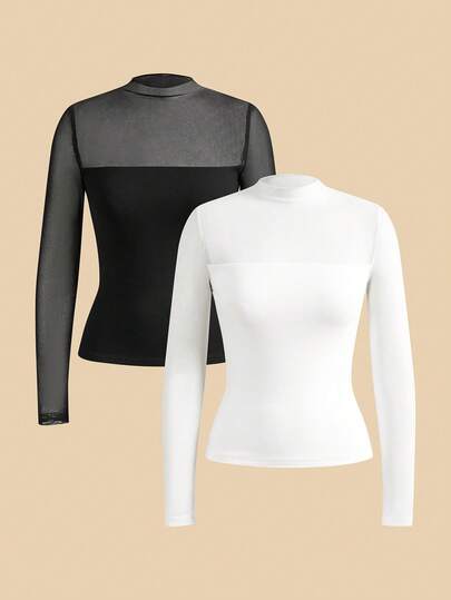 Anewsta 2 pares de elegantes, de moda, sexys tops de camiseta de mujer de manga larga con combinación multicolor de malla elástica ajustada, versátiles para fiesta, Año Nuevo, cita nocturna, primavera/verano