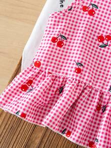Young Girl Summer Casual Plaid Cherry Print Camisole And Shorts Set - Hot Pink - View 8