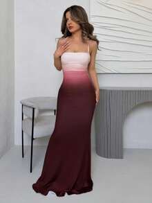 Jemour Women's Elegant Ombre Allover Print Backless Tie Neck Dress, Suitable For Vacation, Party, Evening, Date, Chic Fall, Burgundy Dress, Fall Dresses For Women - Burgundy - View 4