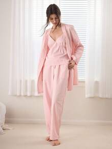 Ocili Comfortable Cotton Soft Jacquard Pajamas Home Wear, Women Camisole And Pants Set With Petal Trim - Pink - View 6