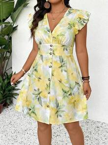 SHEIN Frenchy 大码休闲蓝色蝙蝠袖V领系腰A字短款连衣裙夏季女装 - 彩色 - 查看 6