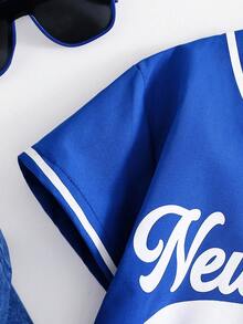 SHEIN 2件套男女宝宝休闲时尚蓝色短袖衬衫和牛仔短裤套装，春夏宝宝服装，套装，街头服饰 - 寶藍色 - 查看 8