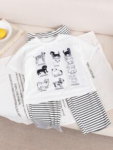 幼儿男童时尚卡通小狗印花圆领韩版短袖T恤和宽松条纹直筒裤睡衣套装 - 白色 - 查看 3