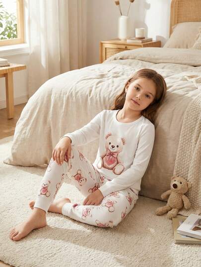 Set de 2 piezas de ropa de estar en casa informal de manga larga con estampado de oso lindo para niñas preadolescentes