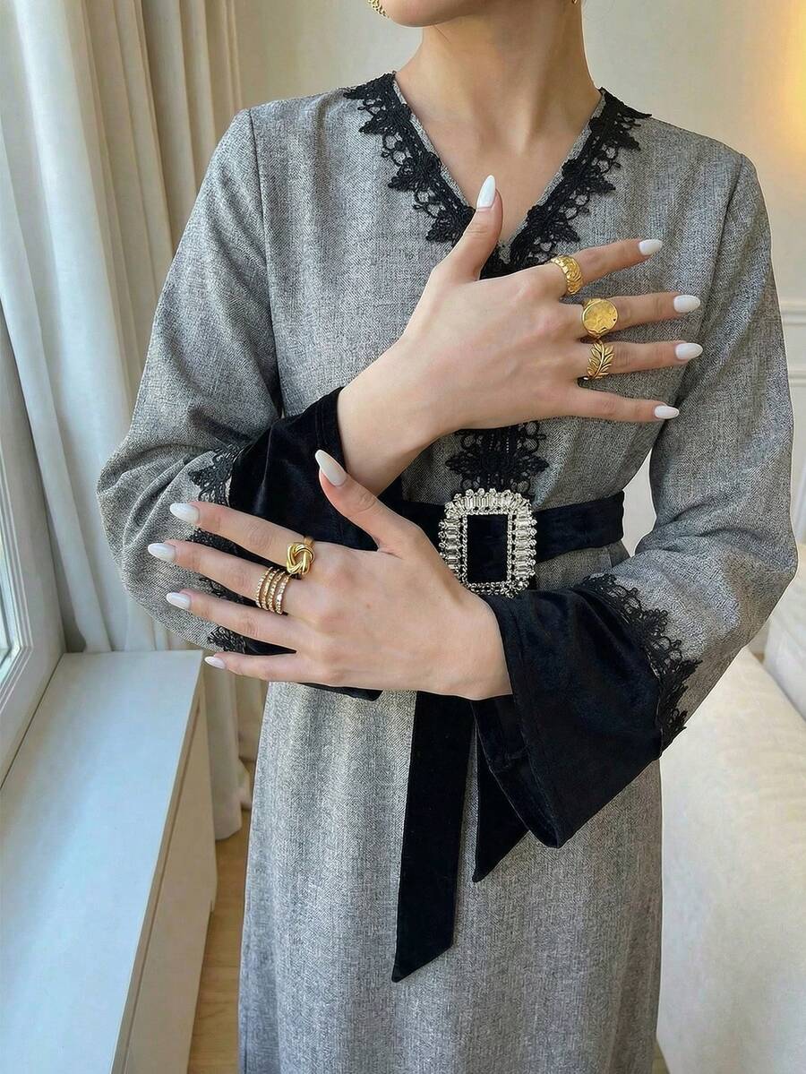 Al Najma Women's Elegant Arabic Style Dress,Dubai Luxury Embroidered Color Block Abaya With Belt,Flare Sleeve Party Abayas For Women - Grey - View 1