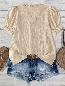 EMERY ROSE Plus Size Summer Casual Solid Color Textured Front Button Frill Trim Shirt - Apricot - View 2