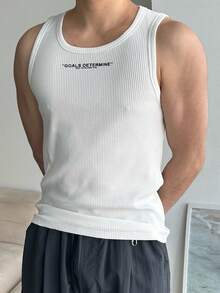 DAZY Summer White Slim Fit Letter Print Streetwear Men Tank Top - White - View 1