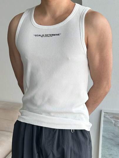 DAZY Summer White Slim Fit Letter Print Streetwear Men Tank Top