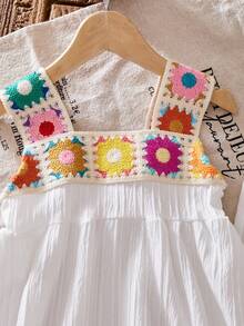 两件套女童碎花钩针吊带背心和裤子，春夏外出和度假的可爱套装 - 白色 - 查看 6