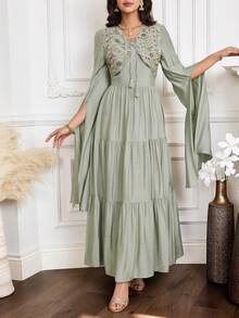 Yasmyna 女士亮片系带流苏设计超长袖褶皱休闲派对阿拉伯蛋糕裙 - 杏色 - 查看 7