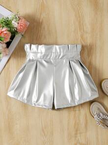 SHEIN 少女PU皮革褶皱休闲百搭日常短裤 - 銀色 - 查看 1