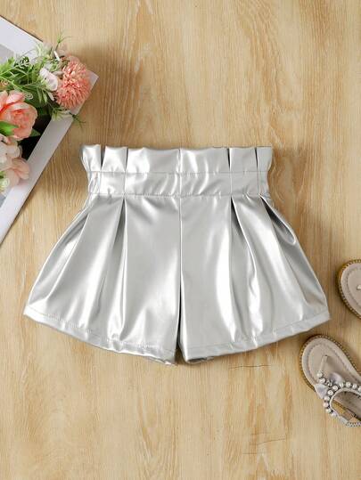 SHEIN Young Girl PU Leather Pleated Casual Versatile Daily Wear Shorts