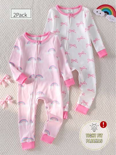 SHEIN 2pcs Baby Girls' Fashionable & Sweet Rainbow Bow Design Comfortable Long Sleeve Jumpsuit Pajamas