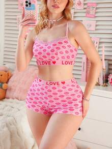 PetitDoll 2pcs Valentine's Day Romantic Lip & Heart Print Comfortable Top And Panty Set, Women's Lingerie - Pink - View 1