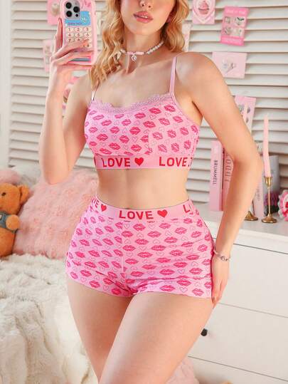 PetitDoll 2pcs Valentine's Day Romantic Lip & Heart Print Comfortable Top And Panty Set, Women's Lingerie