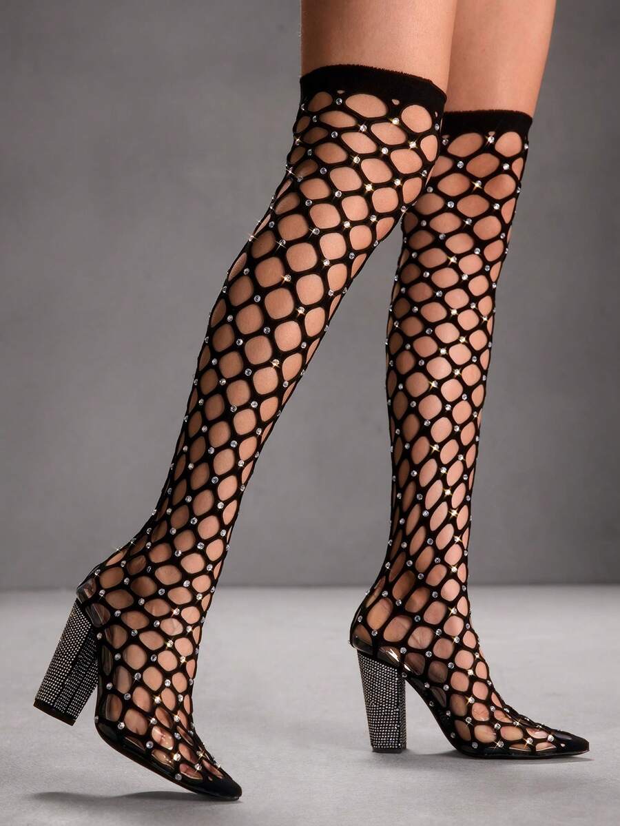 CUCCOO SZL بوت طويلة للفخذ ذات كعب سميك وتصميم مفتوح جذاب للحفلات والمناسبات، بوت موضة للربيع والعطلات الربيعية وعيد الفصح - أبيض وأسود - مشاهدة 1