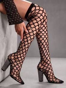 CUCCOO SZL بوت طويلة للفخذ ذات كعب سميك وتصميم مفتوح جذاب للحفلات والمناسبات، بوت موضة للربيع والعطلات الربيعية وعيد الفصح - أبيض وأسود - مشاهدة 6